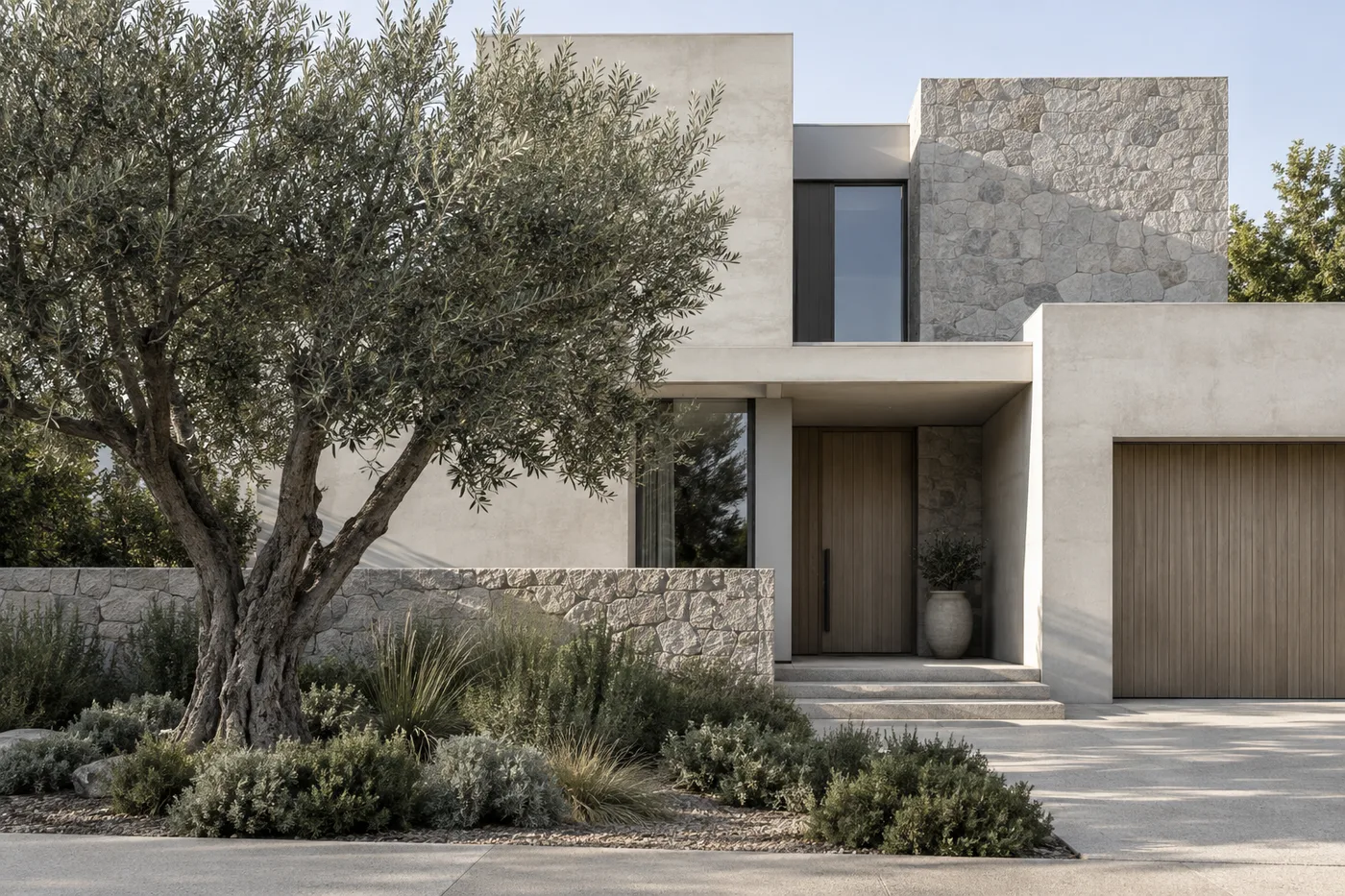 Illustrative concrete and stone detached home with olive trees
