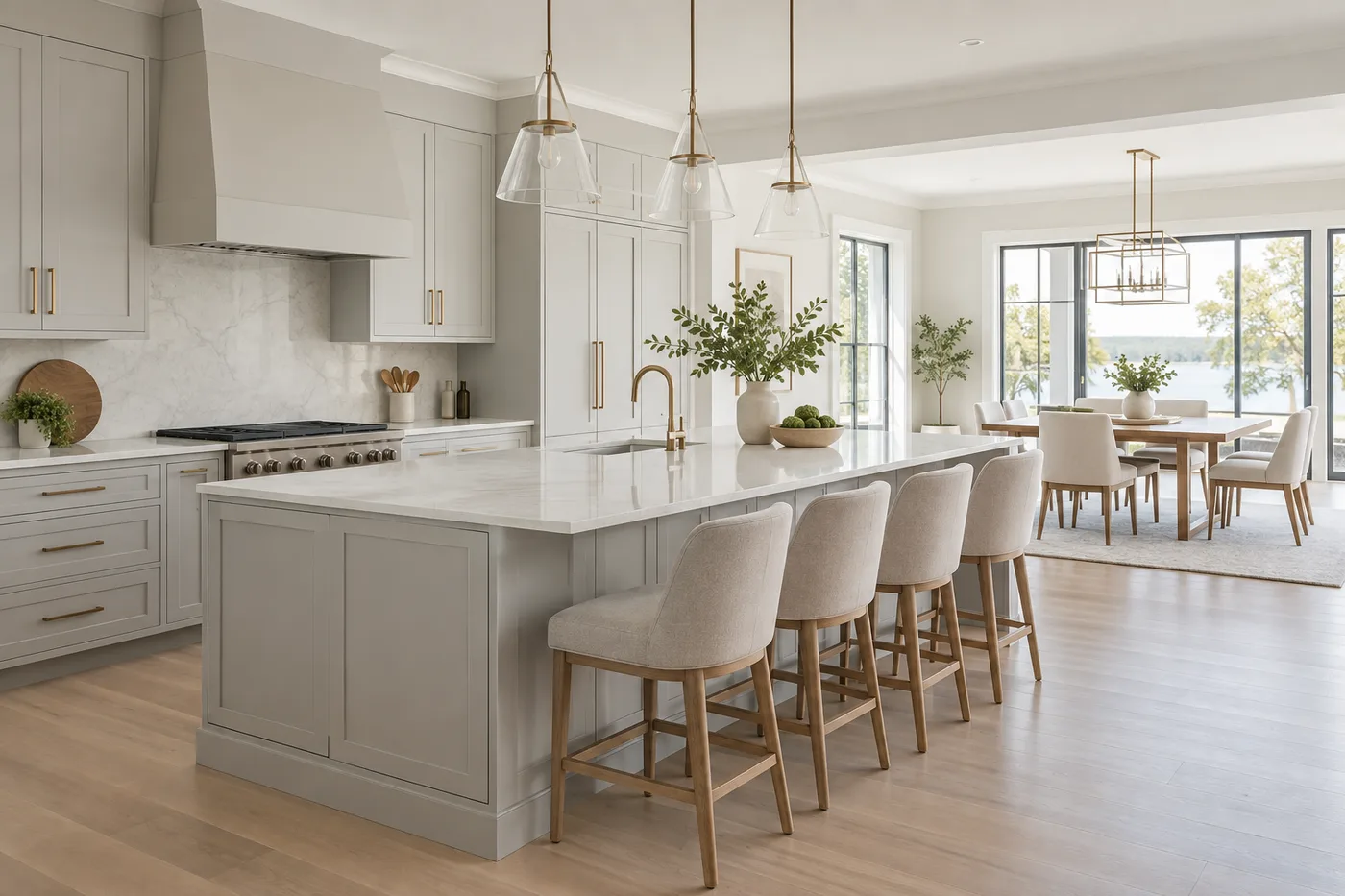 Illustrative clean contemporary kitchen and dining space