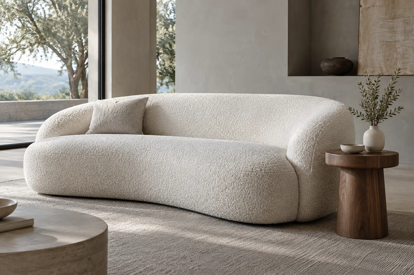 Illustrative pale bouclé sofa and walnut table in a furniture showroom